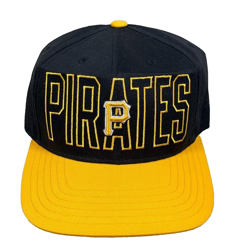 Vintage Pittsburgh Pirates Hat Cap Snapback 90s Spellout Black BROKEN SNAP